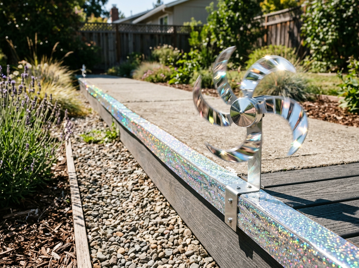 Reflective tape and rotating light deterrent set along a landing edge