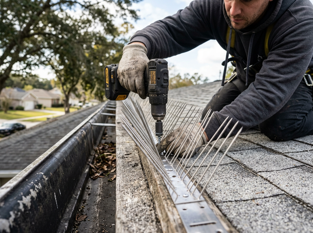 Bird spikes installed on a roof ledge with mounting screws and stainless spike strip