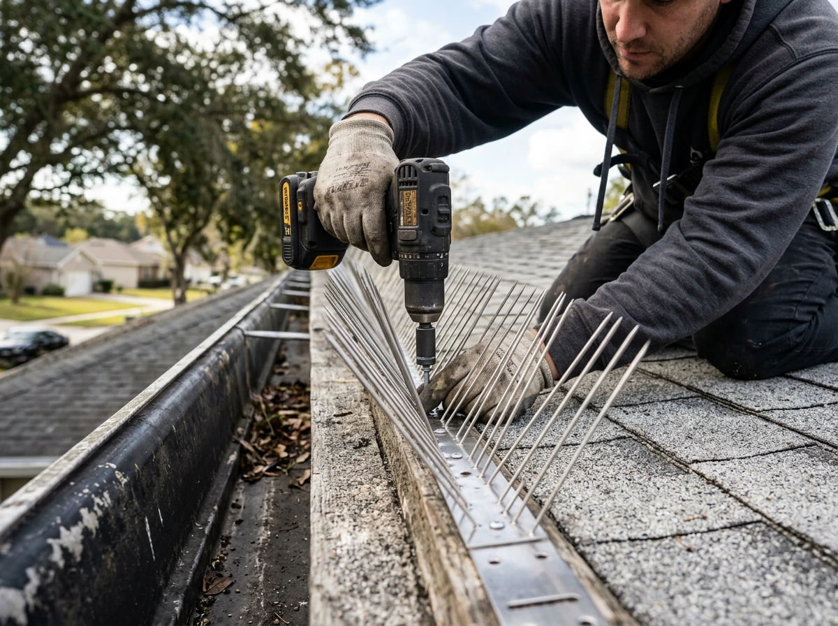 Bird spikes installed on a roof ledge with mounting screws and stainless spike strip