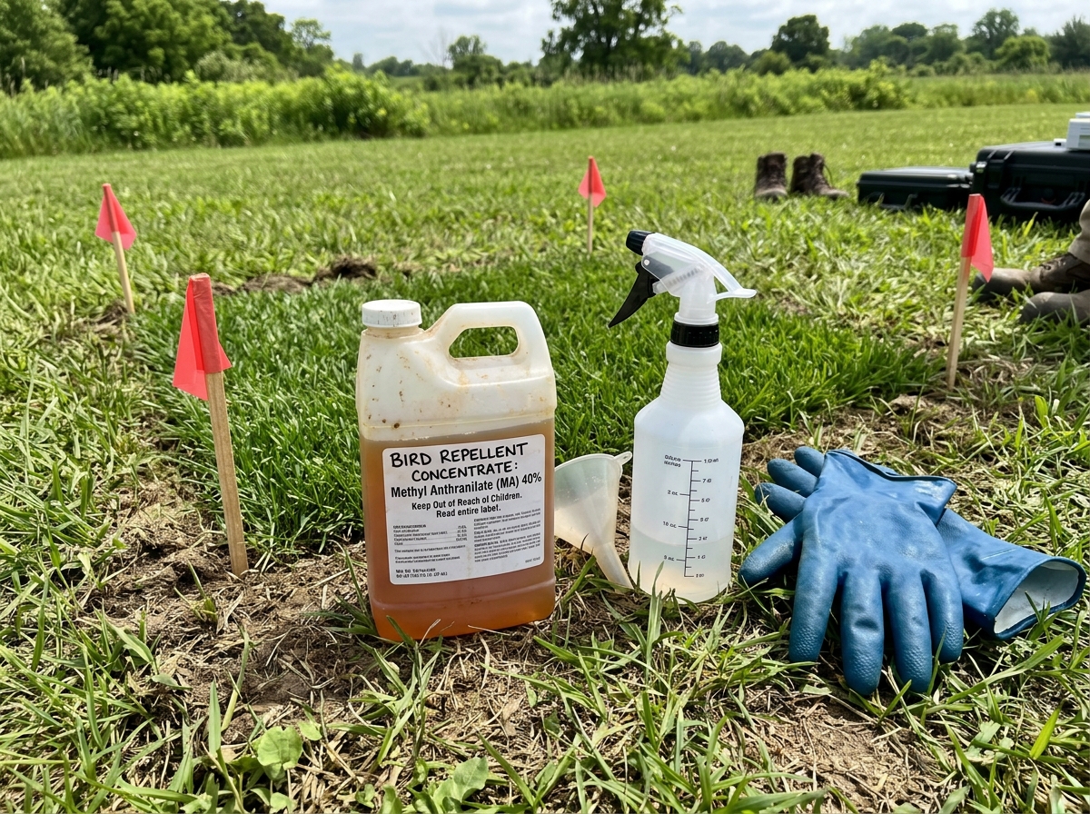 Methyl anthranilate repellent products and applicators prepared for turf treatment