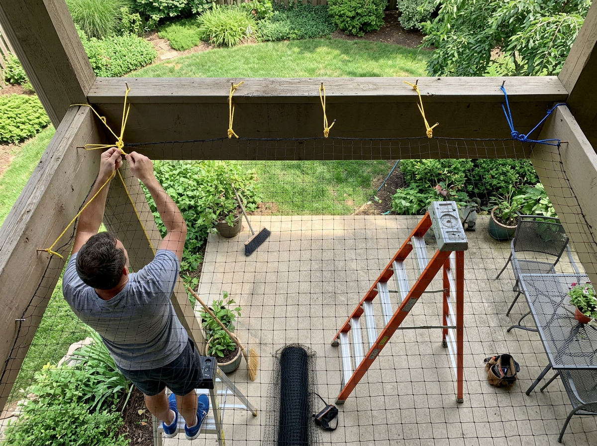 Stretching bird netting taut over patio beams