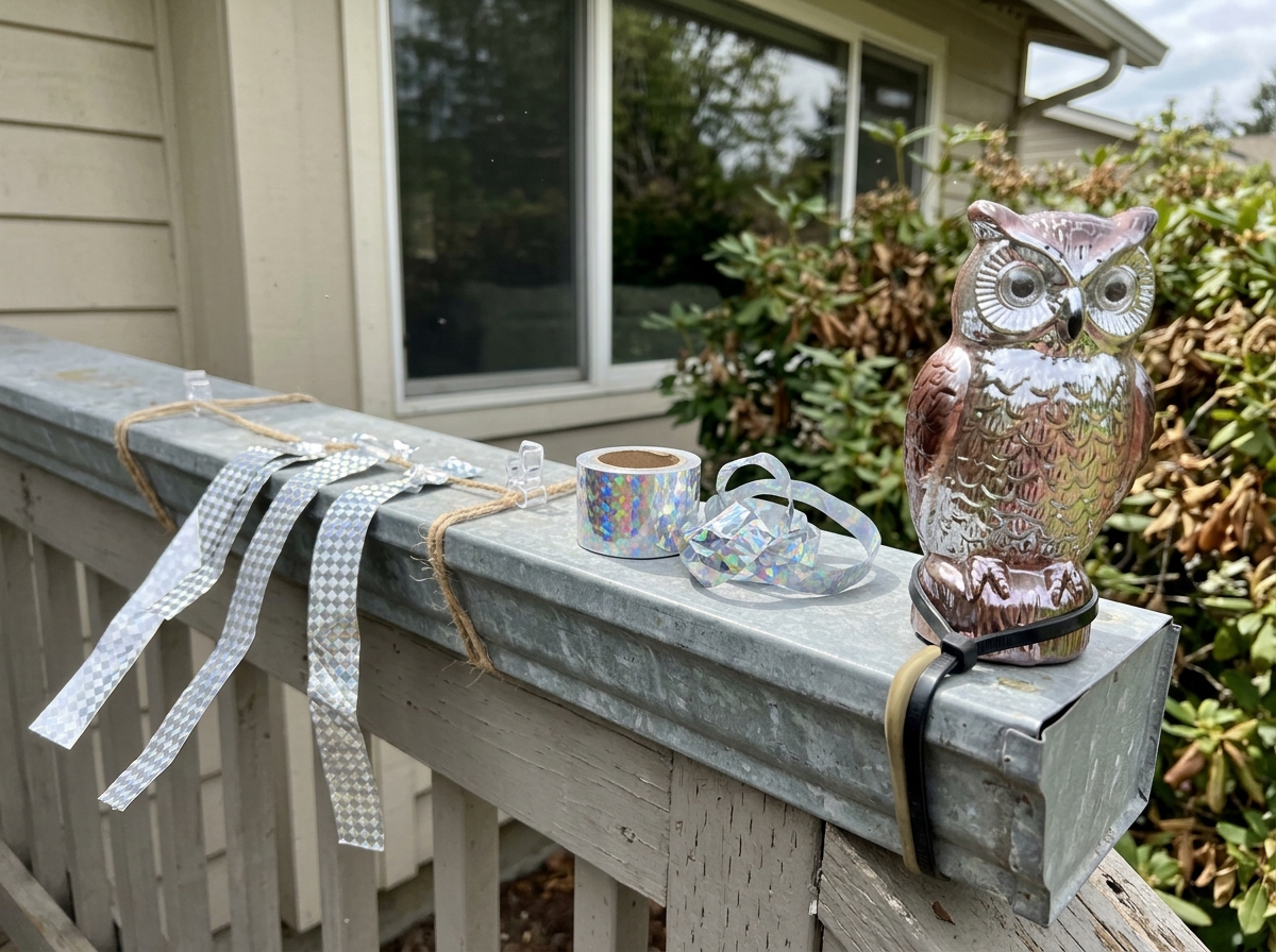 Visual deterrents: reflective tape and shiny decoy on a railing