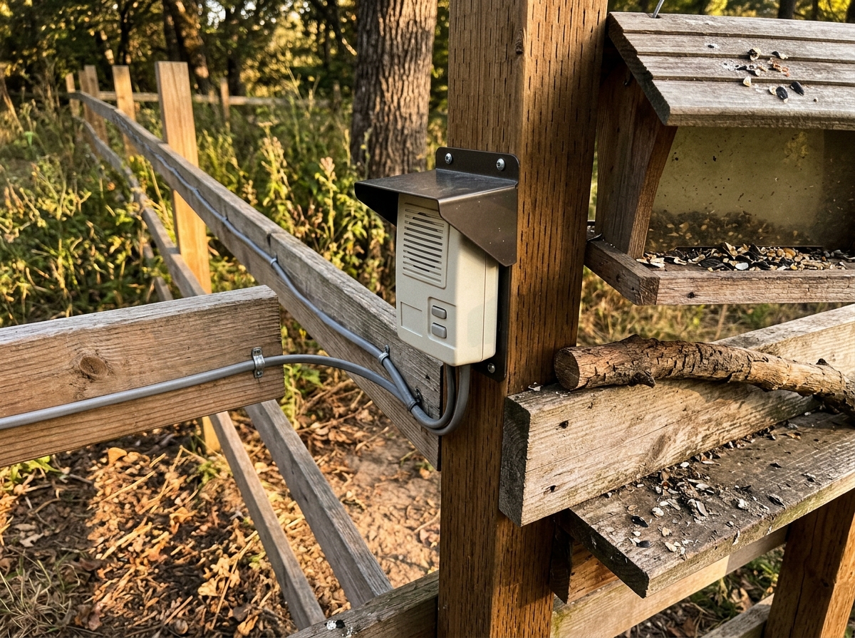 Sound deterrent device mounted near a bird activity area