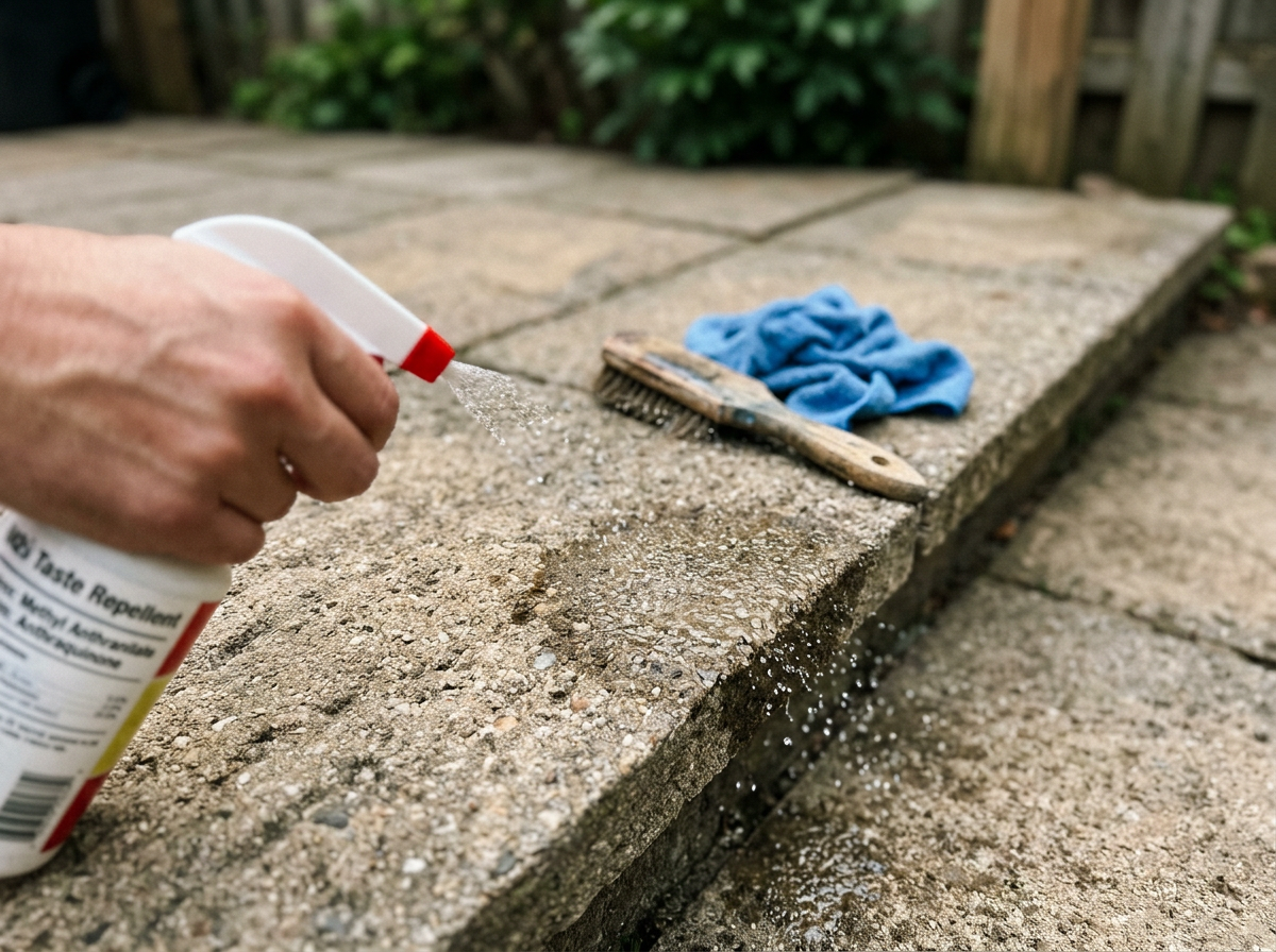 Applying taste-based bird repellent to patio paving