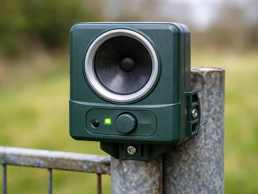 Close-up of an outdoor ultrasonic bird repeller unit mounted on a post with its speaker and control light.