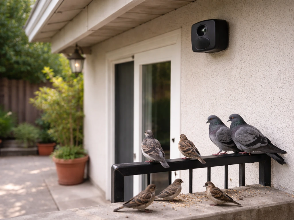 Birds repeatedly landing and roosting near a mounted ultrasonic repeller on an outdoor patio