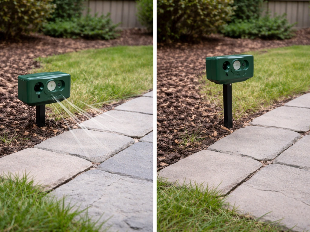 Ultrasonic repeller units side-by-side, one mounted too low and downward, the other aimed across a target zone.