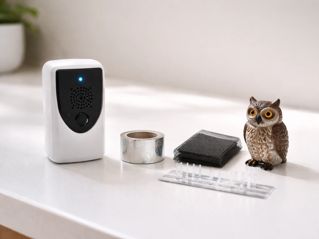 Countertop lineup of an ultrasonic pest deterrent beside small items suggesting other deterrent types.