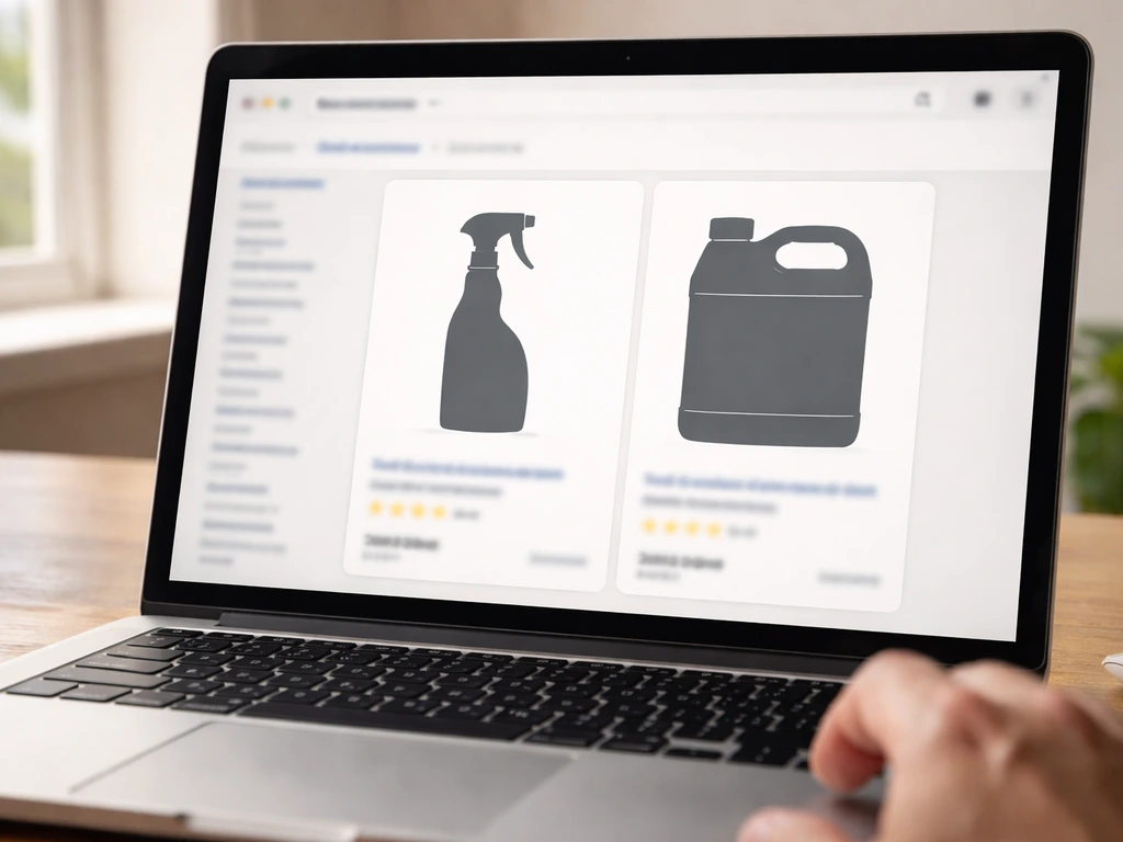 Close-up laptop view of online listing showing spray and concentrate bird repellent options.