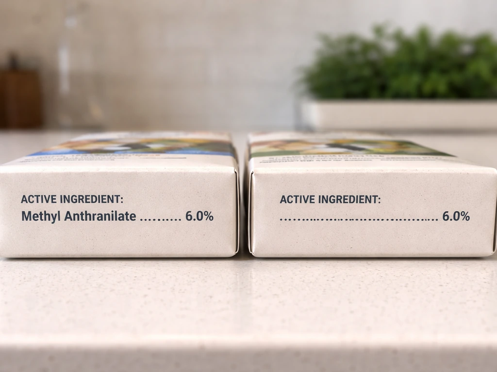 Close-up of two bird repellent packages side-by-side showing the active ingredient area for methyl anthranilate.