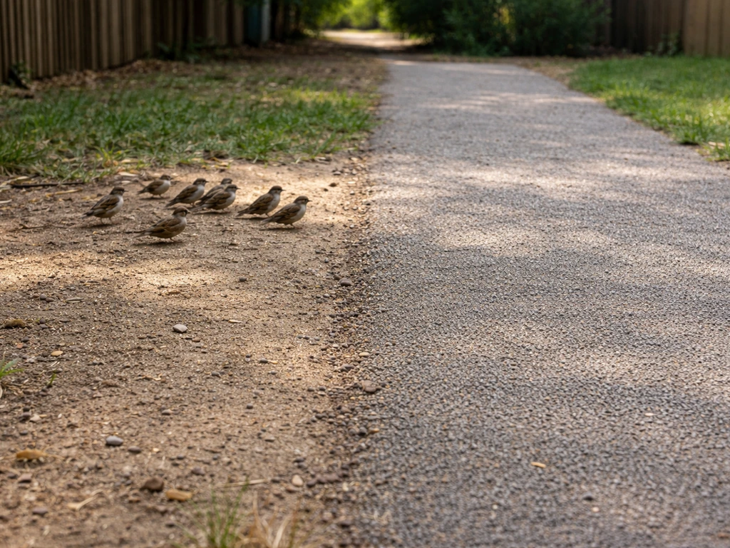Sparrows near an untreated patch beside an evenly treated area, showing a coverage gap why birds linger.
