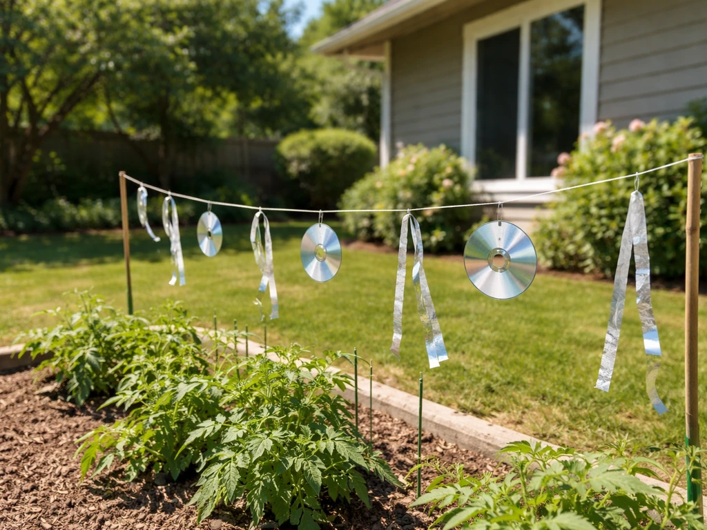 Bright backyard yard line with homemade reflective bird scarers strung near plants and a window.