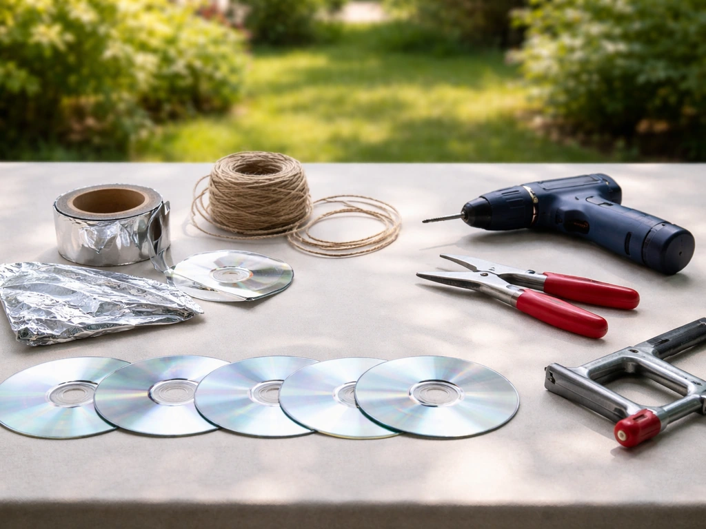 Outdoor DIY work area with old CDs, reflective foil, twine, and tools laid out safely.