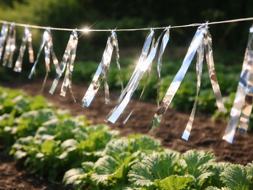 Reflective Mylar tape streamers fluttering above a vegetable bed, flashing in sunlight.