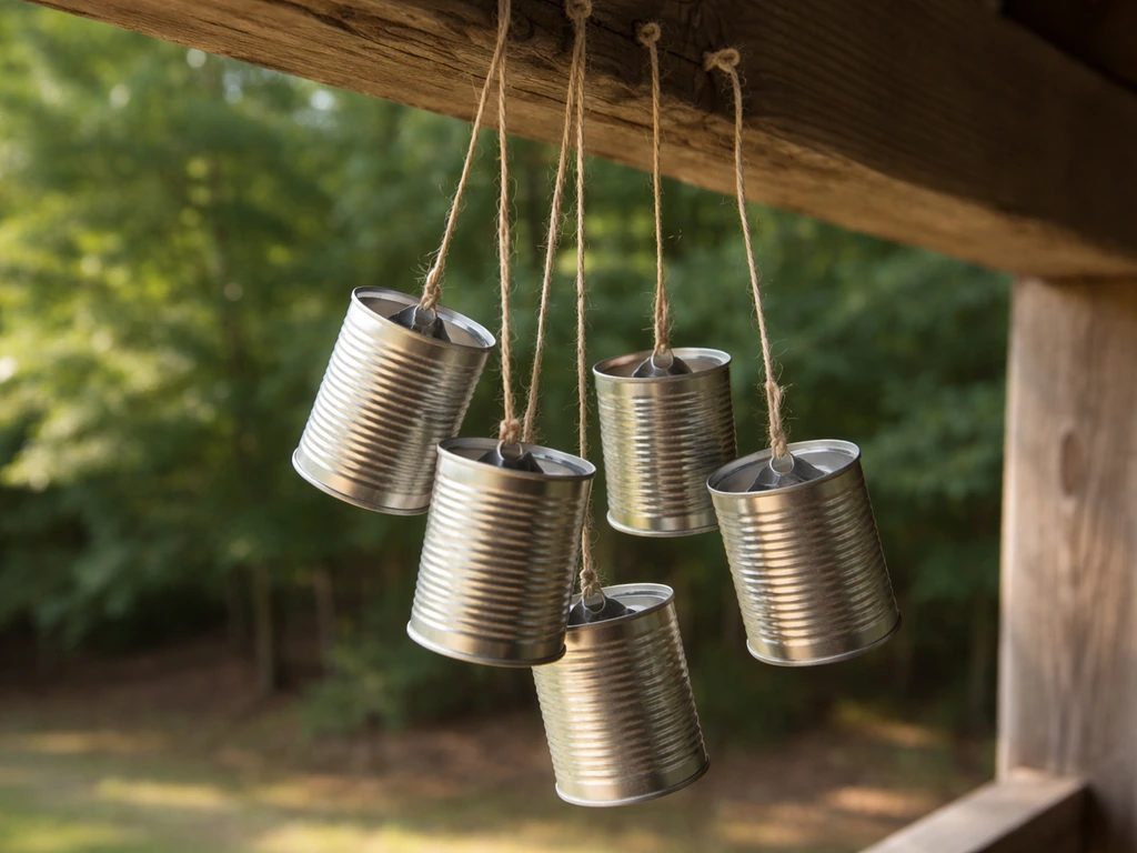 Empty tin cans threaded on string hanging from a wooden beam in a light breeze.