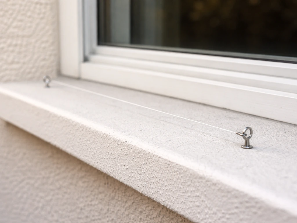 Taut monofilament line on a window ledge held by small eye hooks, deterring birds from landing.