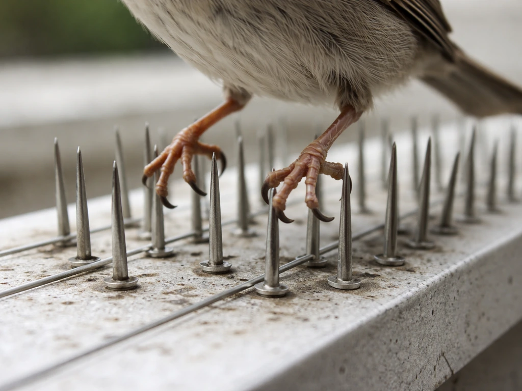 Close-up of a small bird’s feet nearing narrow metal bird spikes on a ledge, showing tiny landing gaps.