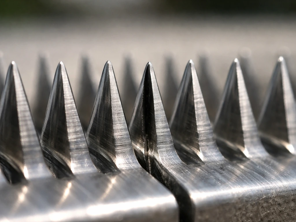 Macro close-up of tiny metal spike tines showing narrow gaps that block small-bird foot slip-through.