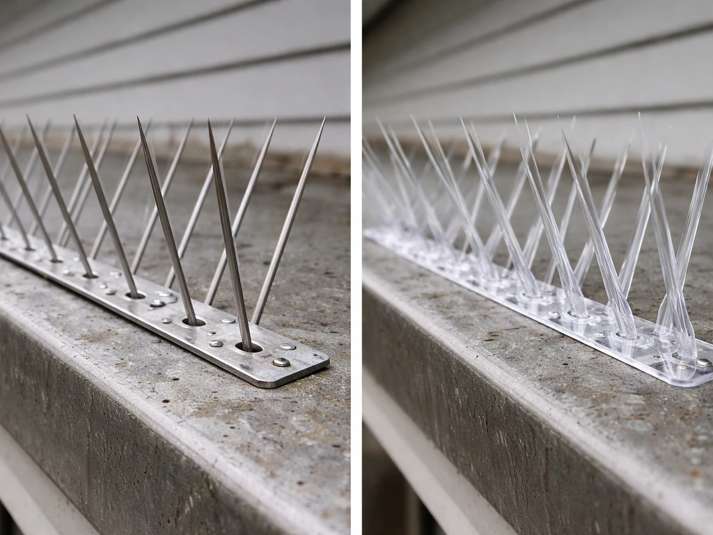 Close-up of stainless steel vs clear polycarbonate spike bases on a weathered roof eave ledge.