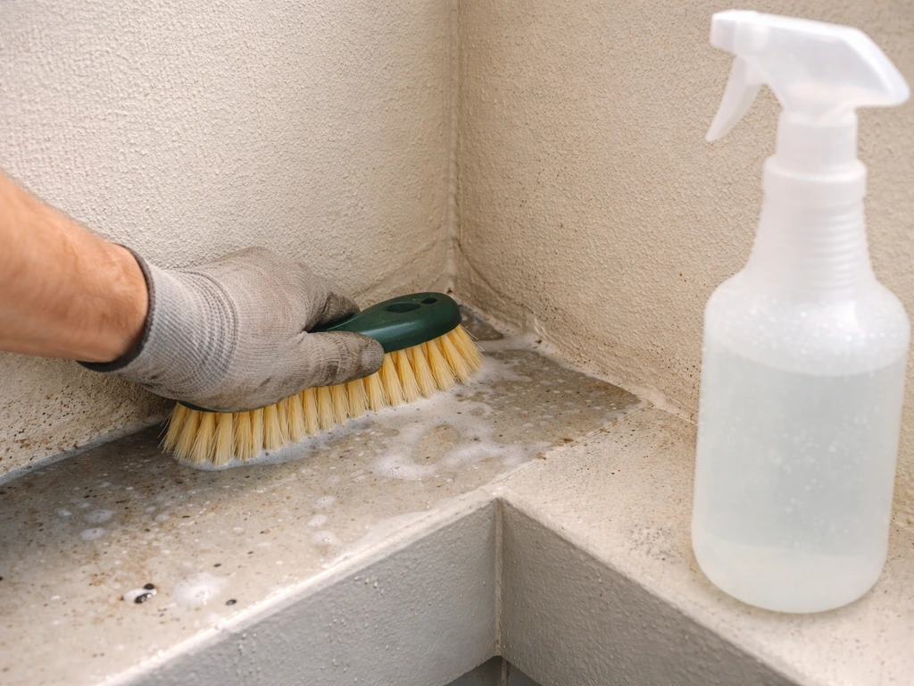 Person scrubbing a clean wall with a stiff brush after removing bird droppings and nest debris