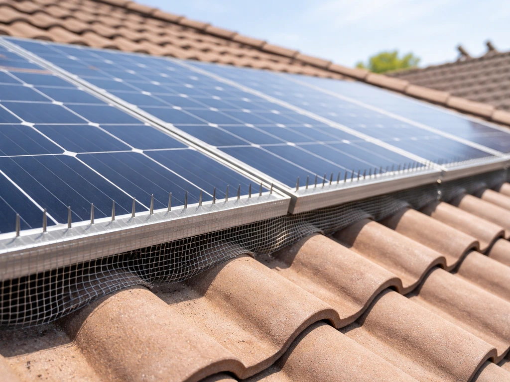 Close view of solar panels on a roof with bird deterrent mesh near landing areas