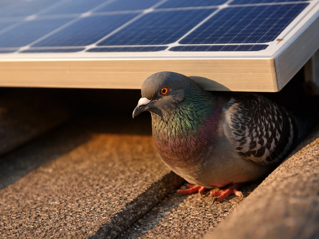 A pigeon perched under the edge of a solar panel in natural sunlight.