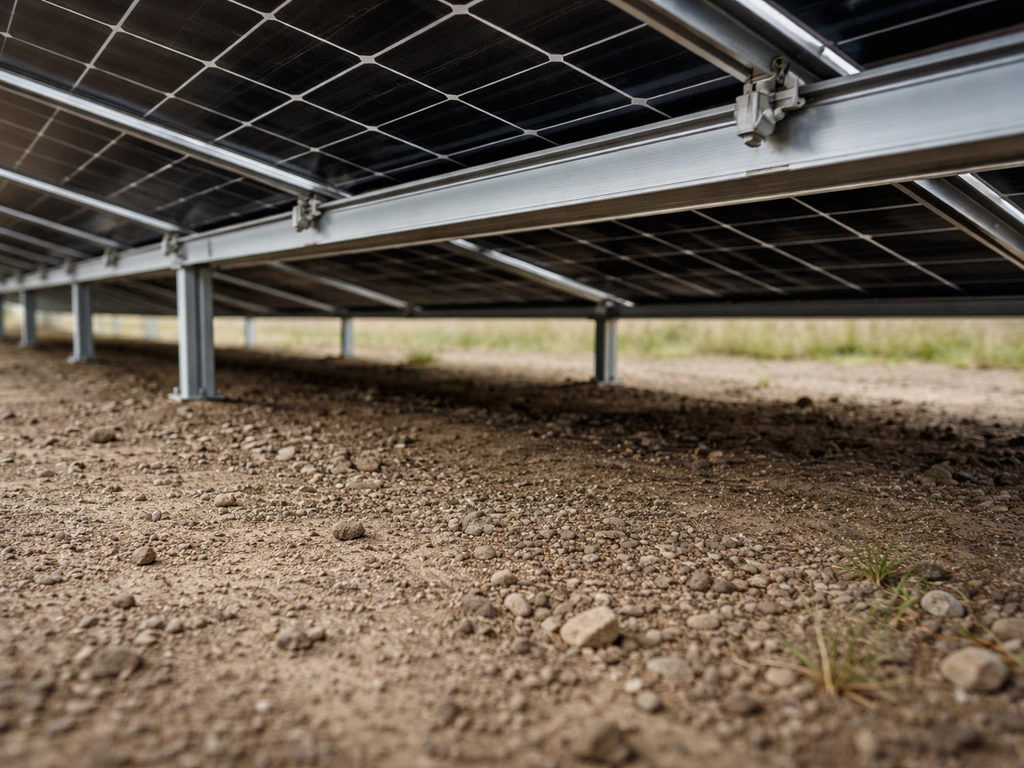 Low-tilt solar panels on ground mounts showing open underside space beneath racks.