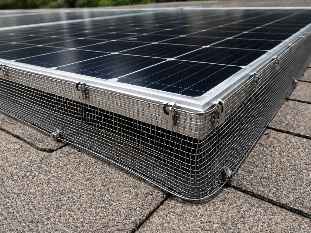 Solar panel with perimeter mesh exclusion installed using clips and wire around the panel edges.