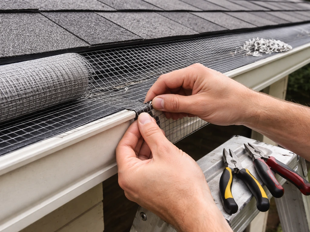 Anonymous hands securing roofline mesh clips with pliers and cutters beside fine wire mesh.