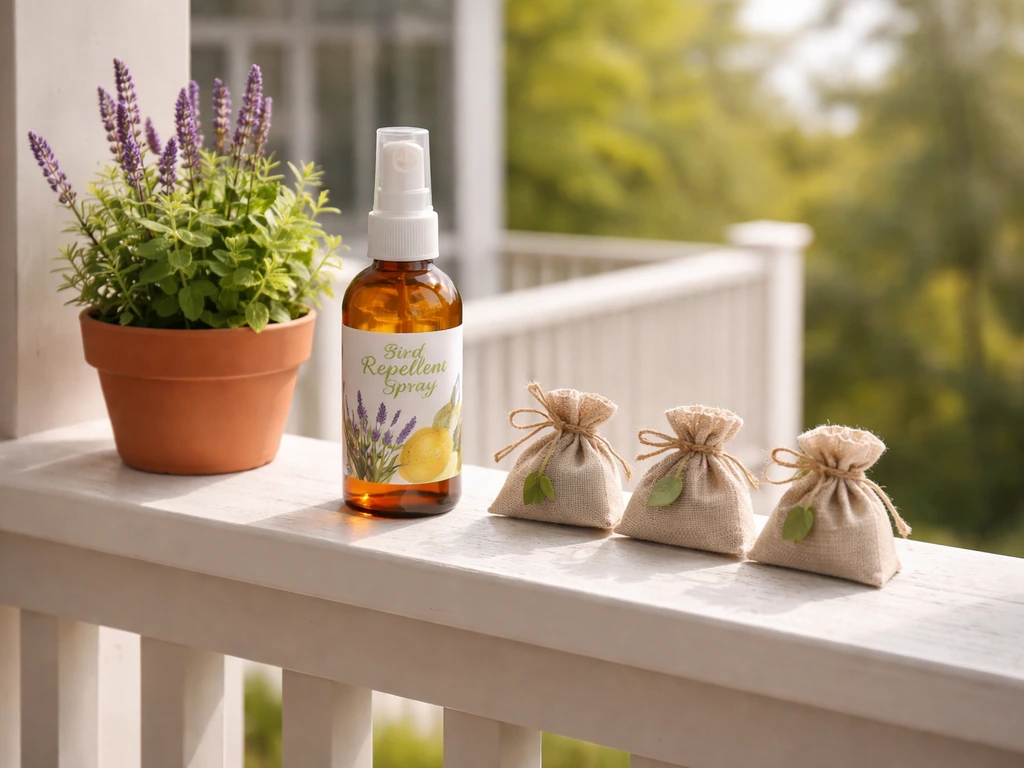 Home porch railing with an essential-oil spray bird deterrent setup, birds kept away.