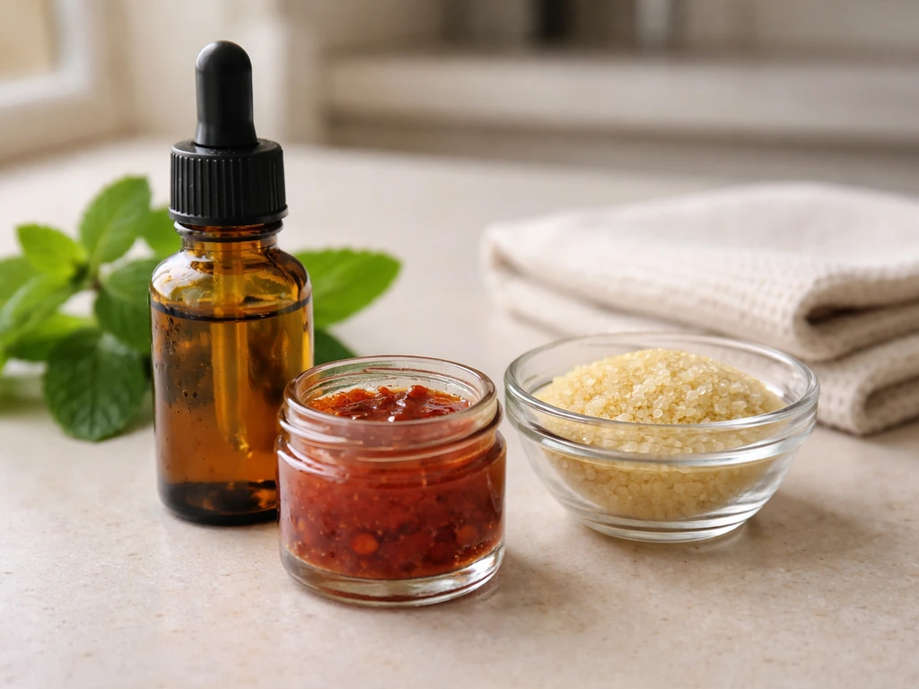 Close-up of small jars and droppers with plant-based bird deterrent ingredients on a simple table