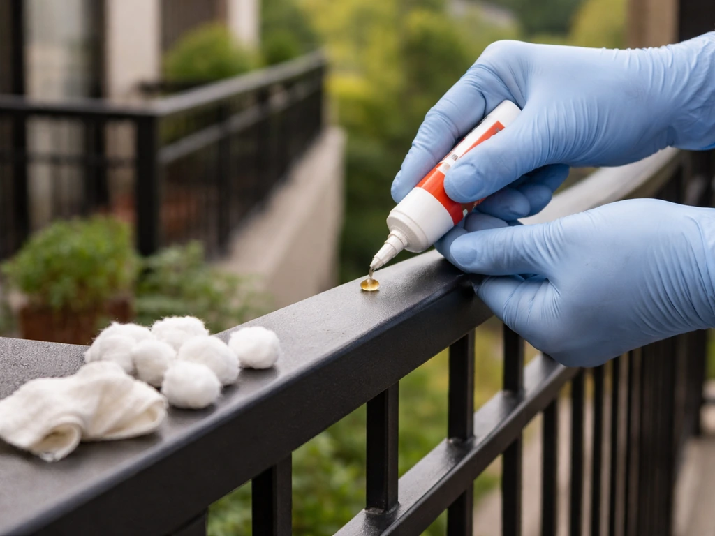 Gloved hands apply capsaicin gel to a patio railing with peppermint cotton balls nearby to deter perching.