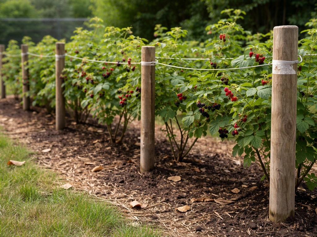 Small fruit trellis in a backyard garden with treated stakes and subtle repellent application points.