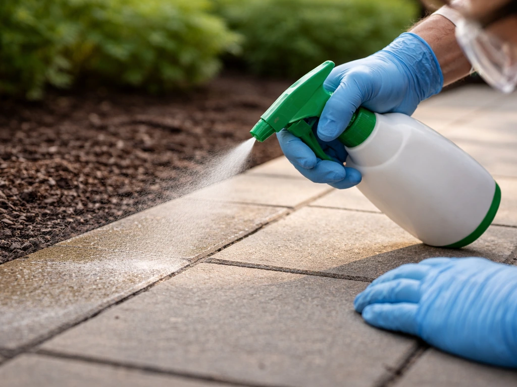 Gloved person wearing safety glasses applying natural bird repellent with hand sprayer over a patio edge