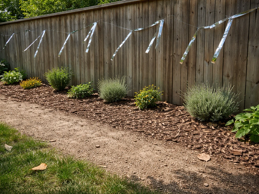 Backyard fence with layered bird deterrents: reflective tape and a small bare ground zone near plants.