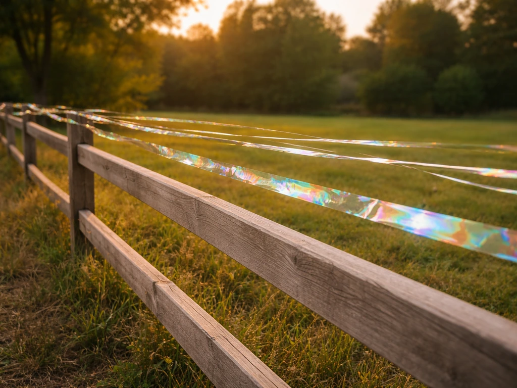 Holographic bird scare tape strands shimmer and flutter along a fence perimeter in sunlight.