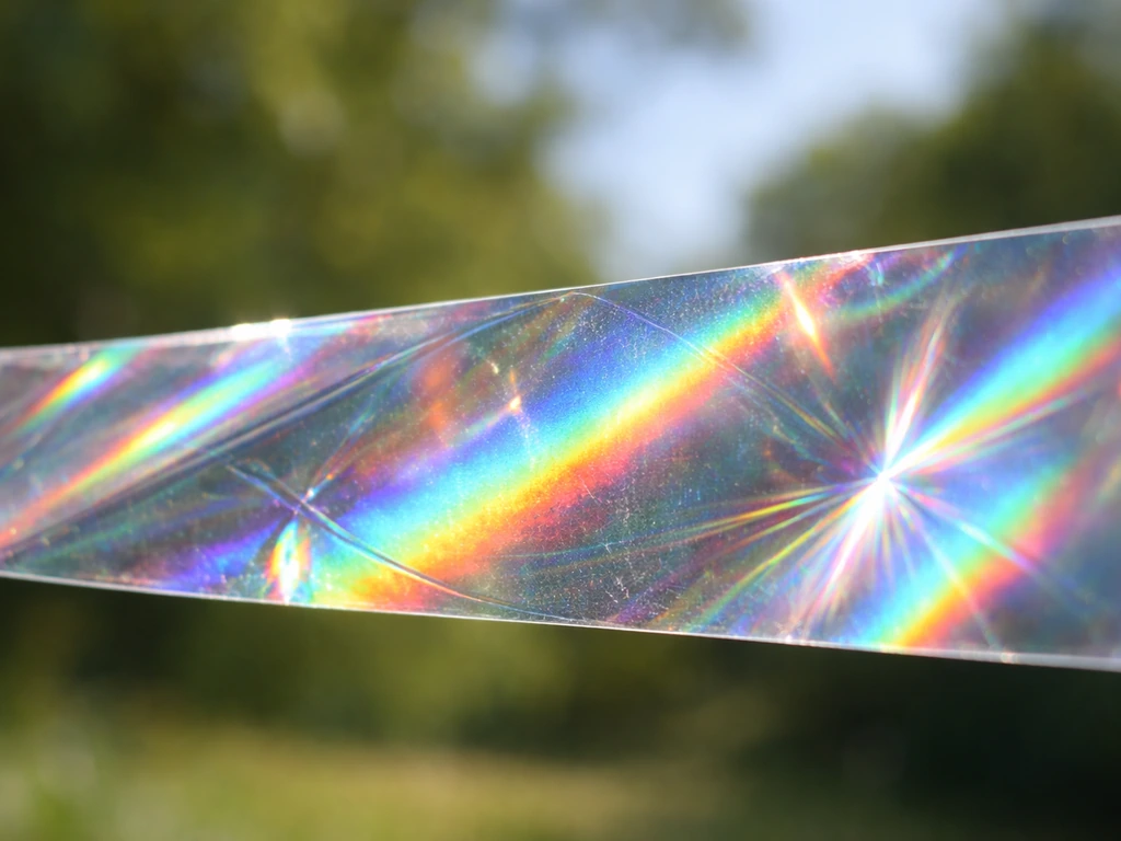 Close-up of thin holographic bird scare tape ribbon with shifting rainbow reflections in natural light