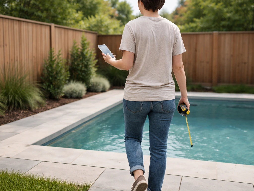 Homeowner surveys backyard perimeter with smartphone and tape measure near pool edge.