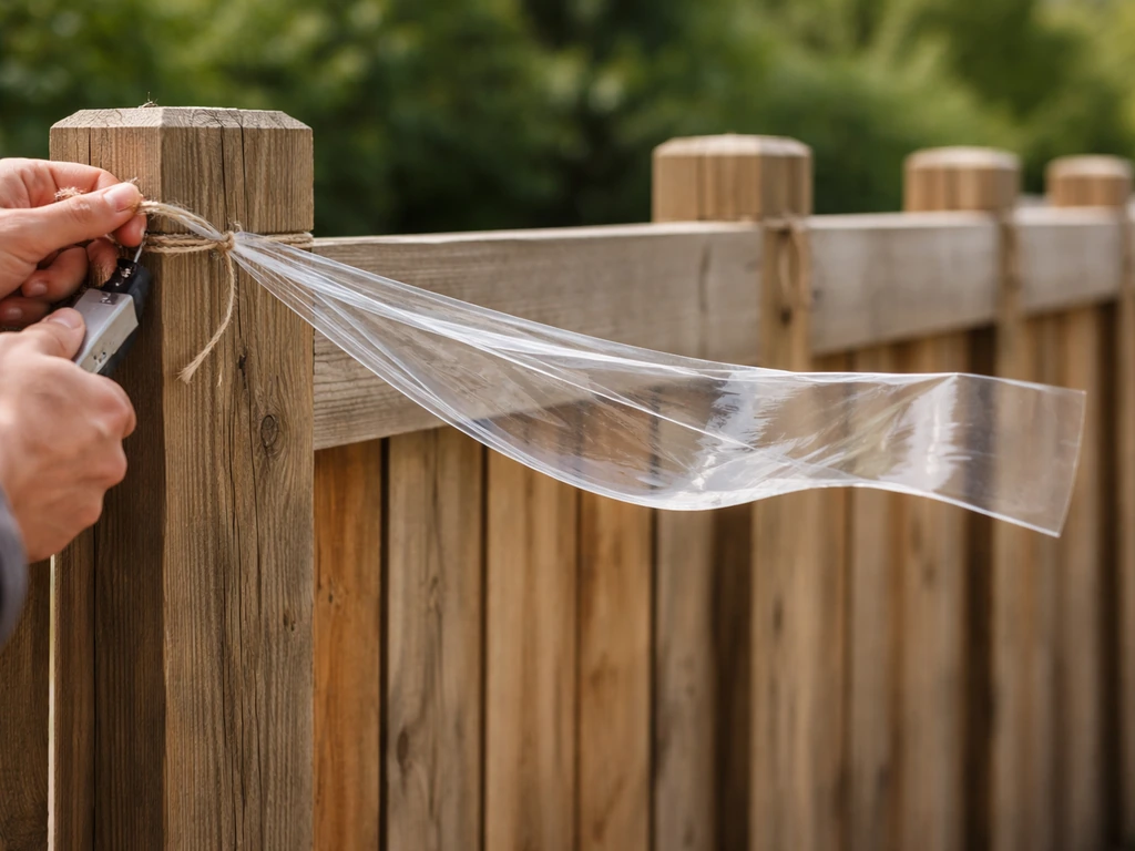Tape strips tied and stapled on a wood fence, with the middle section left loose to flutter.