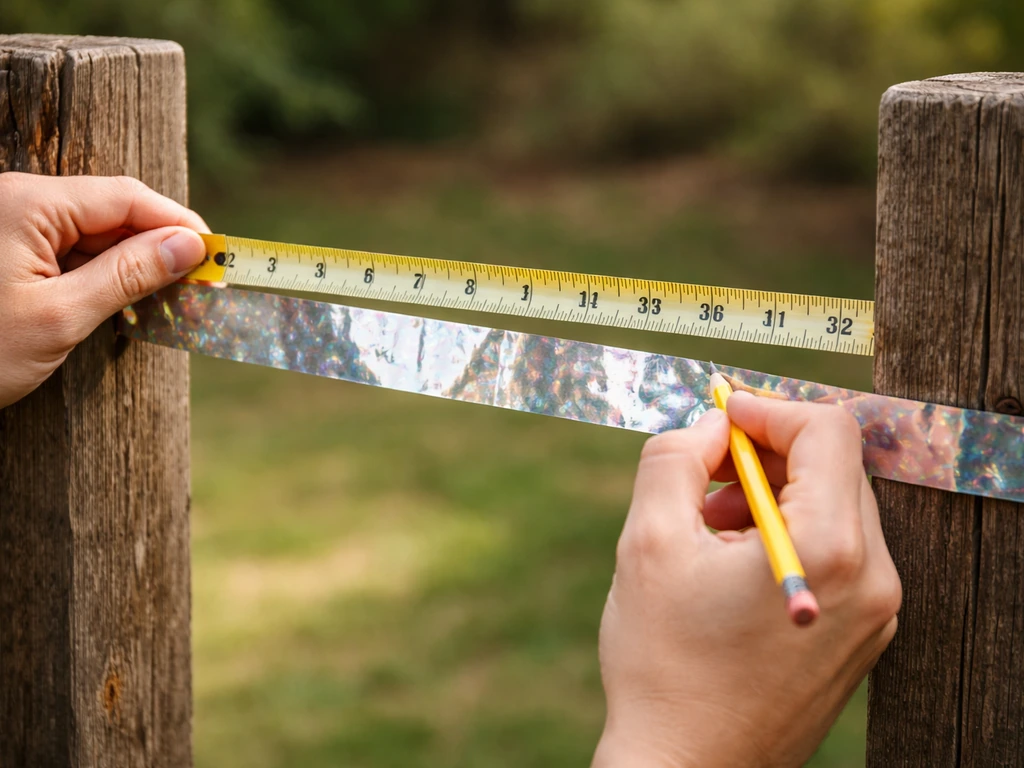 Close-up of hands measuring distance between two posts and marking extra bird-scare tape length to cut.