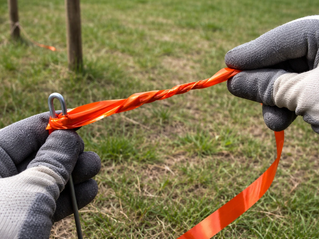 Close-up of gloved hands twisting bird tape into tight spirals and tying it taut to anchor stakes.