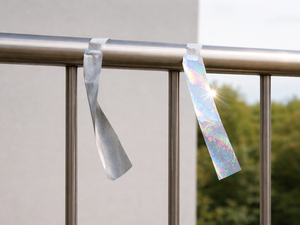 Close-up of bird-deterrent tape hung twisted and flat, with a correctly angled section catching light.