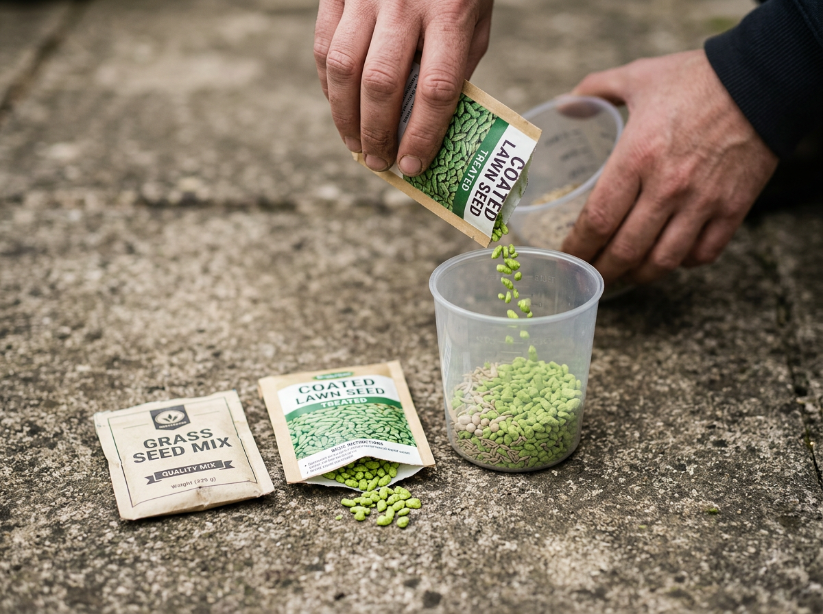 Treated vs plain grass seed showing the visible coated seed difference. Style: candid iPhone photo, natural light, eye-l