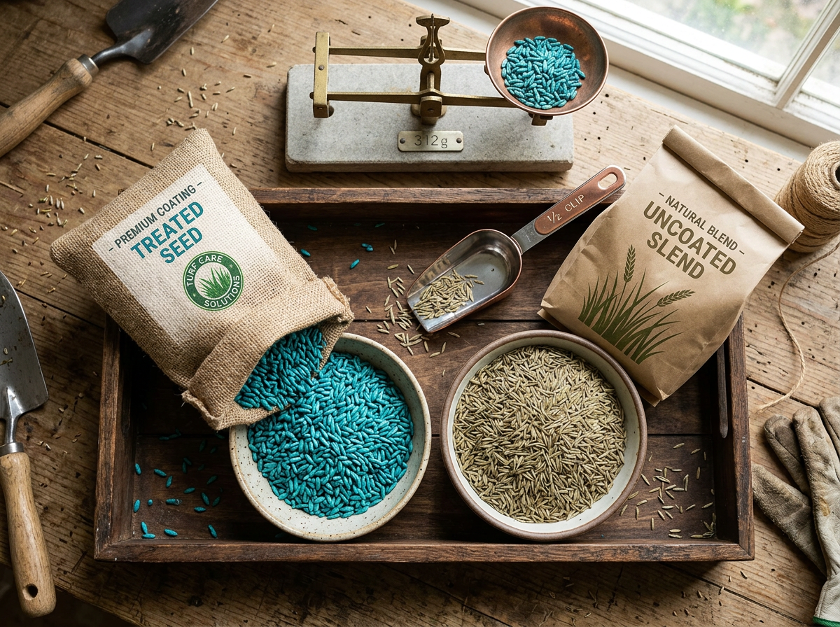 Before choosing, treated seed and seed blend are measured and visually compared. Style: candid iPhone photo, natural lig