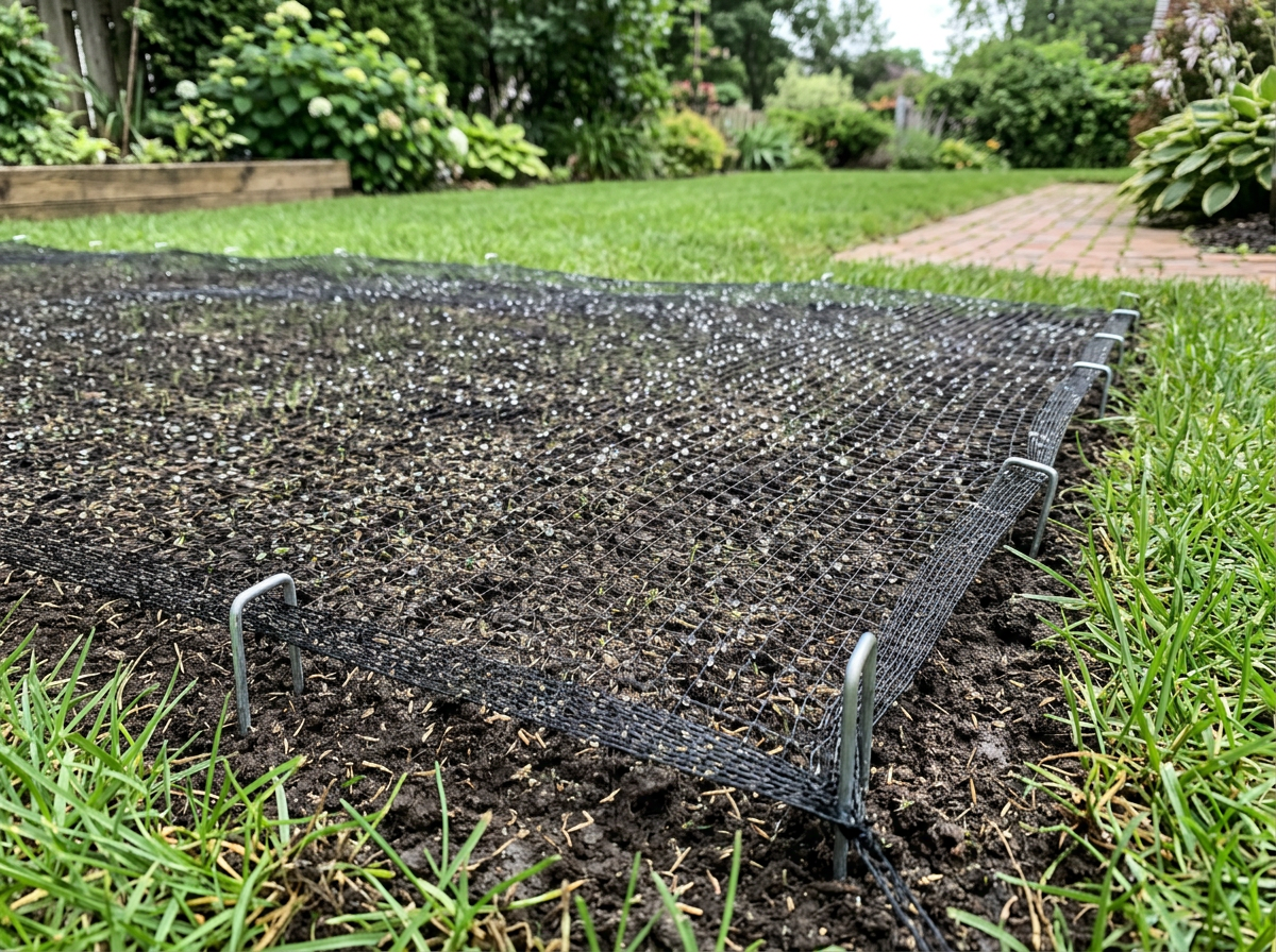 Lightweight bird netting staked over newly seeded grass to block birds. Style: candid iPhone photo, natural light, eye-l