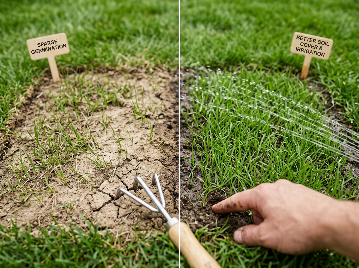 Comparing poor vs improved germination and checking soil contact and moisture. Style: candid iPhone photo, natural light
