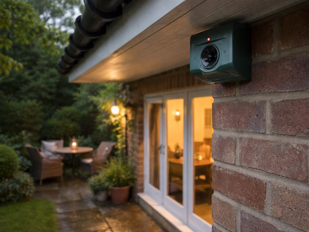 Ultrasonic bird deterrent mounted under a UK home eave, aimed toward a garden patio.