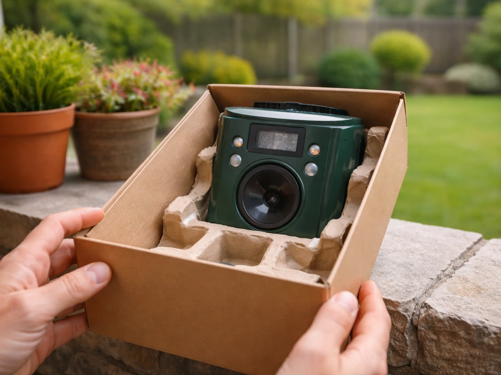 Close-up of a bird deterrent device unboxed and positioned outdoors beside potted plants
