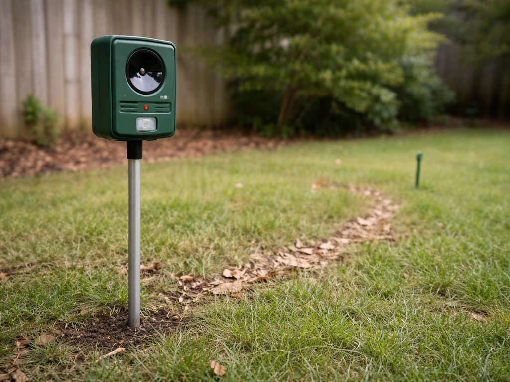 PestGo2 MP6B-like pest scarer mounted outdoors on a small stake, showing clear line-of-sight coverage.