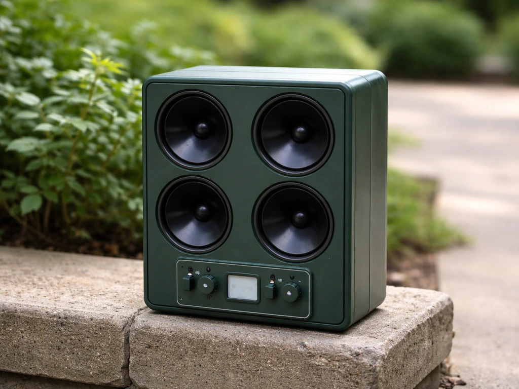 BB-PRO digital bird repeller on a patio surface with visible multi-speaker array under natural daylight